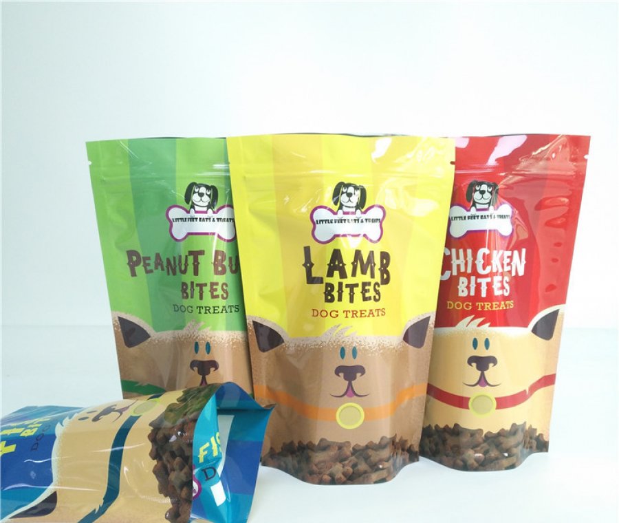 Custom resealable stand up dog treat packaging bag with zipper